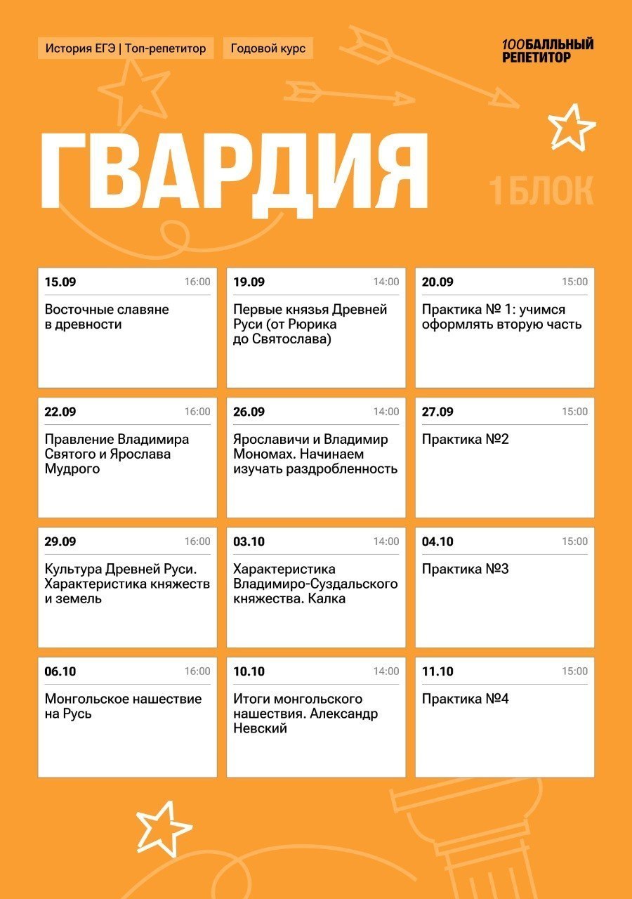 Расписание занятий курса «История | 100Балльный»