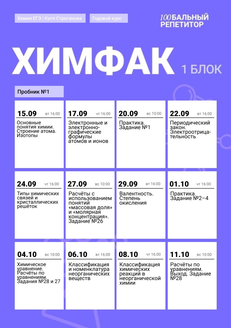 Расписание занятий курса «Химия | 100Балльный»