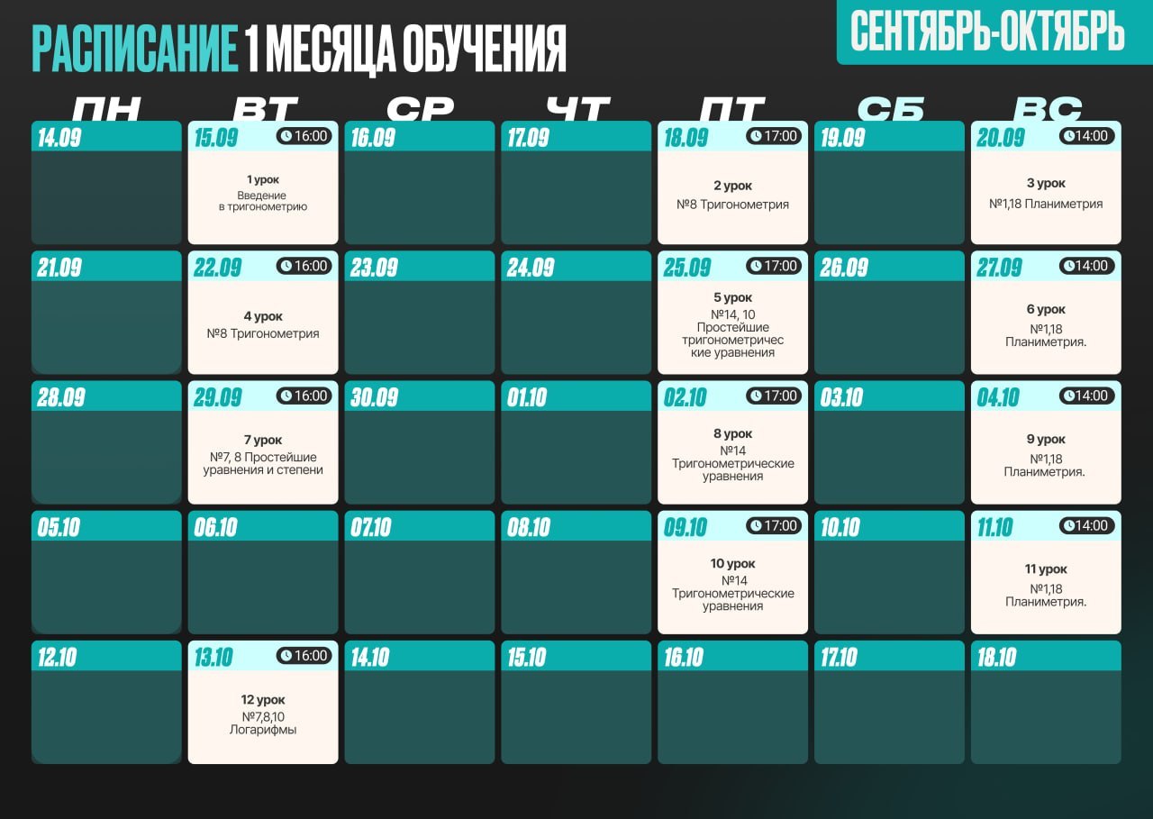 Расписание занятий курса «Профильная математика»